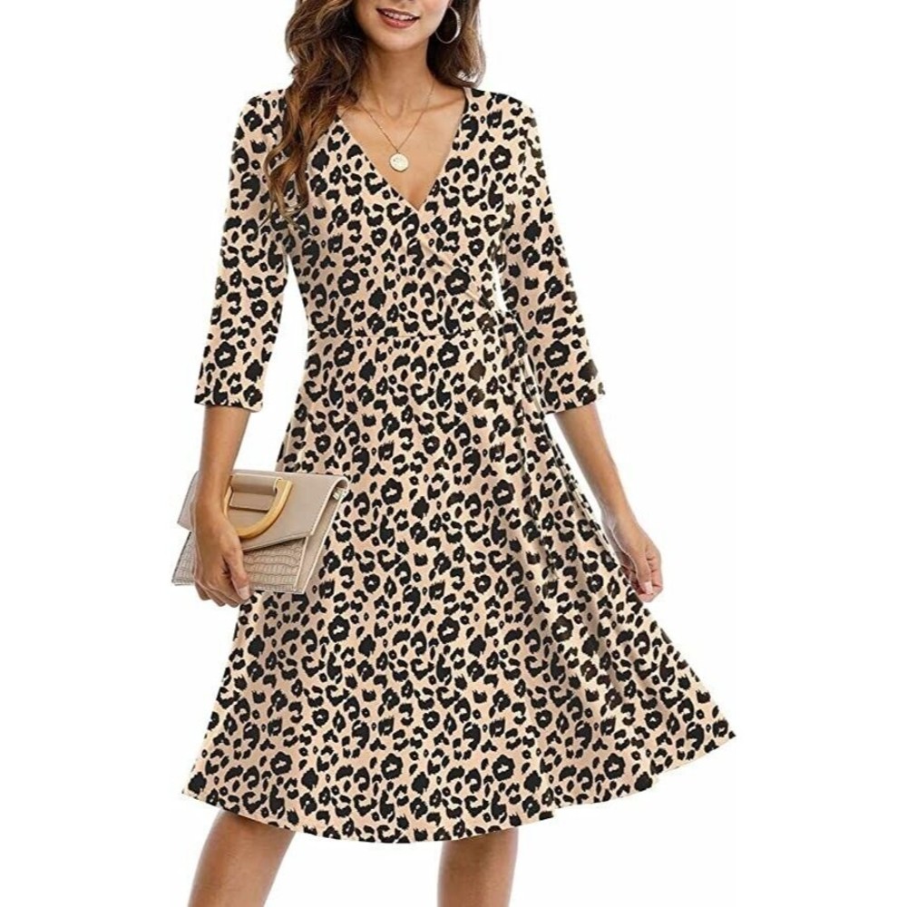 New Charmyi Elegant Leopard Wrap Dress Medium